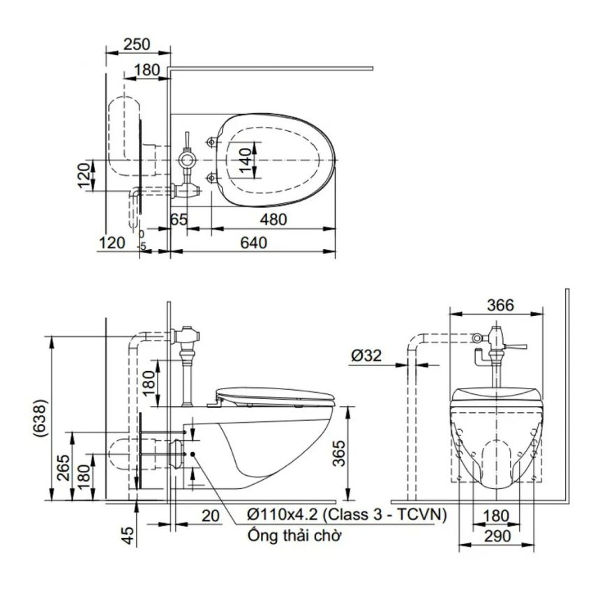 Bàn cầu INAX AC-22PVN thiết kế treo tường gọn gàng