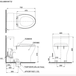 Bồn cầu 1 khối TOTO MS188VKT2 T53P100VR nắp đóng êm TC393VS