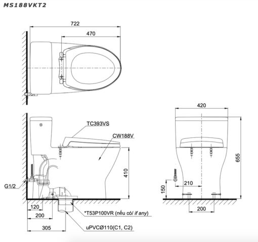 Bồn cầu 1 khối TOTO MS188VKT8 T53P100VR nắp đóng êm TC600VS