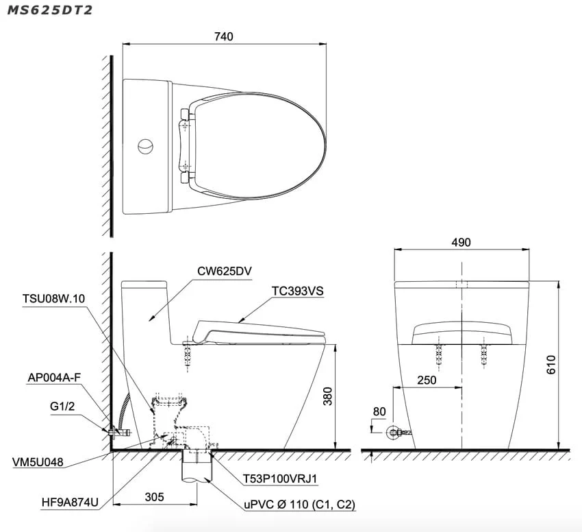 Bồn cầu TOTO MS625DT2 - Tiết kiệm nước Bồn cầu 1 khối TOTO MS625DT2