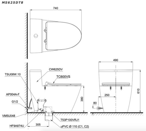 Bồn cầu 1 khối TOTO MS625DT8 nắp đóng êm TC600VS