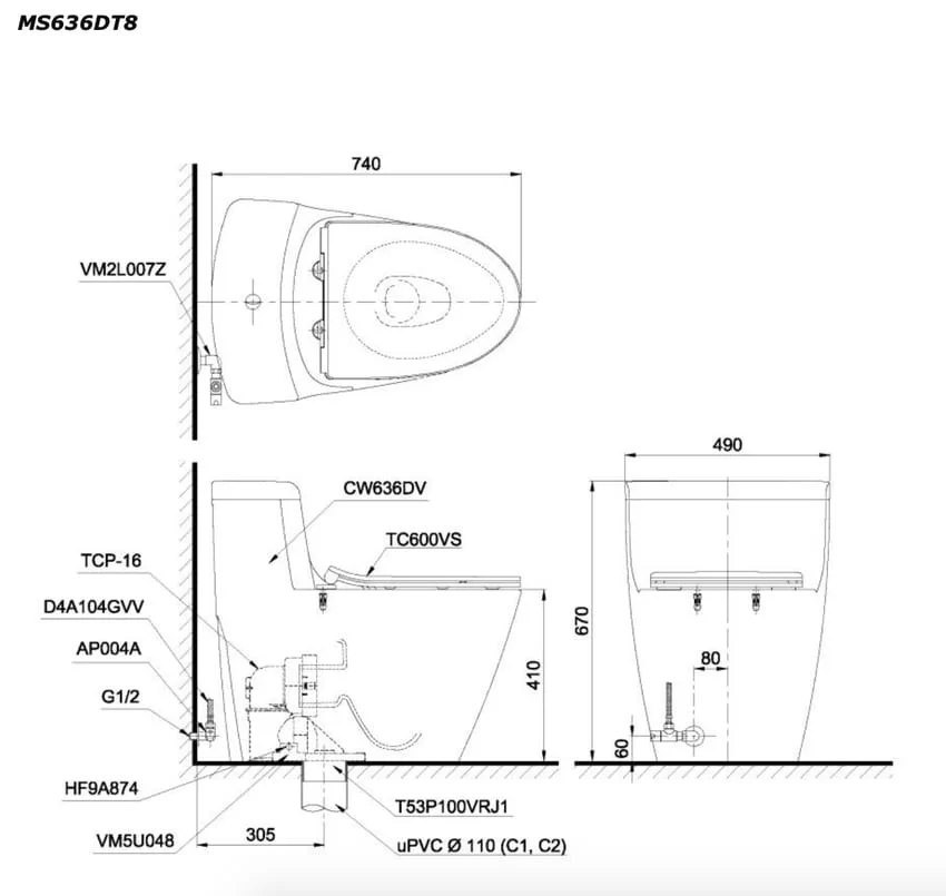 Bồn cầu TOTO MS636DT8 với nắp TC600VS Bồn cầu 1 khối TOTO MS636DT8 với nắp đóng êm TC600VS