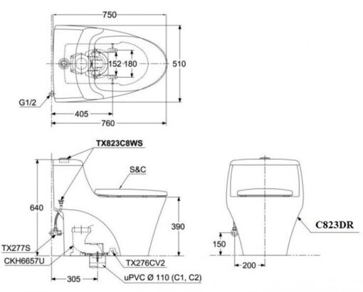 Bồn cầu 1 khối TOTO MS823DRT8 nắp đóng êm TC600VS