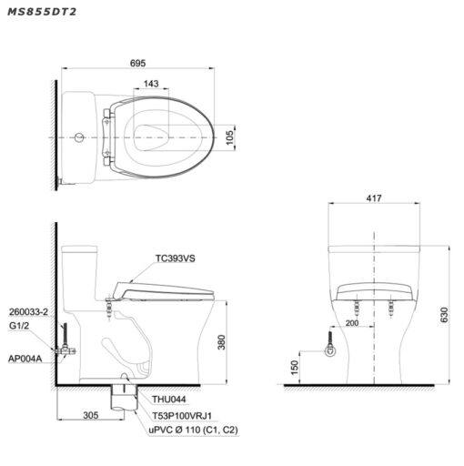 Bồn cầu 1 khối TOTO MS855DT2 nắp đóng êm TC393VS