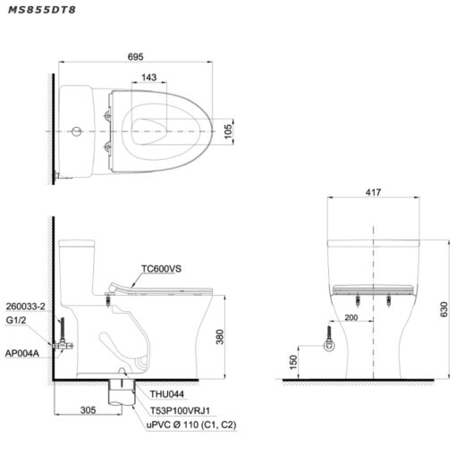 Bồn cầu 1 khối TOTO MS855DT8 nắp đóng êm TC600VS
