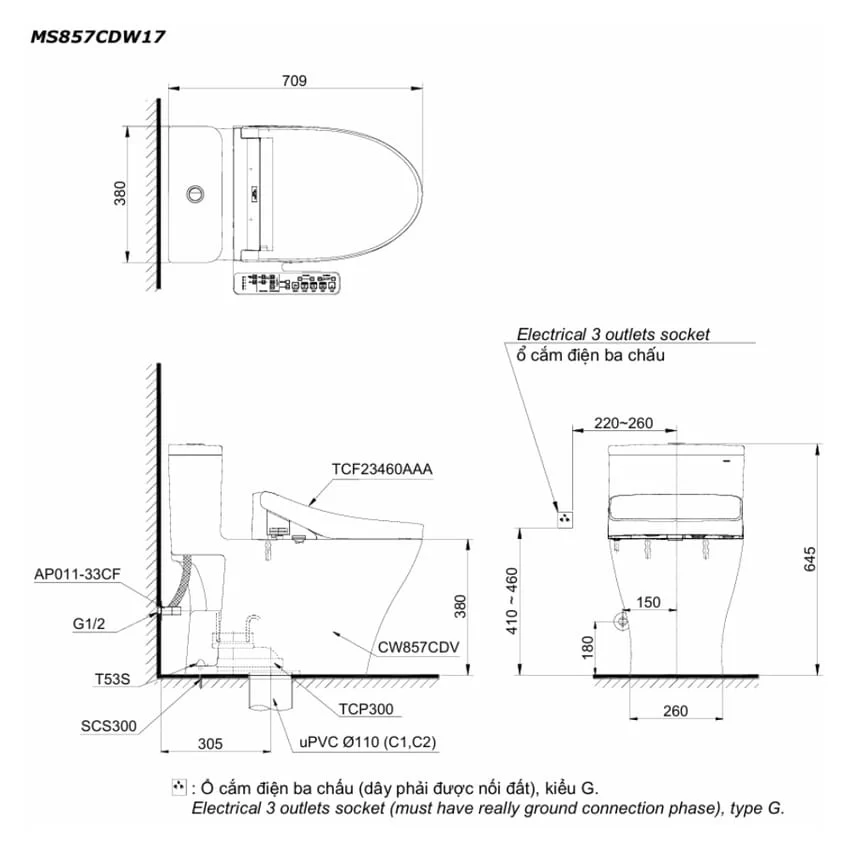 Bồn cầu 1 khối TOTO MS857CDW17 nắp điện tử Washlet C2 TCF23460AAA giấu dây 7 Bồn cầu 1 khối TOTO MS857CDW17 nắp điện tử Washlet C2 TCF23460AAA giấu dây
