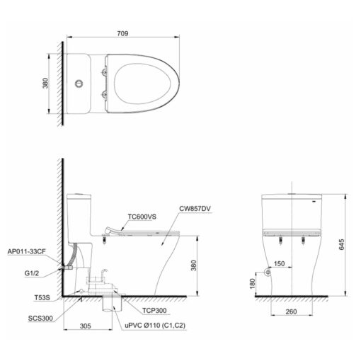 Bồn cầu 1 khối TOTO MS857DE4 nắp rửa cơ TCW1211A