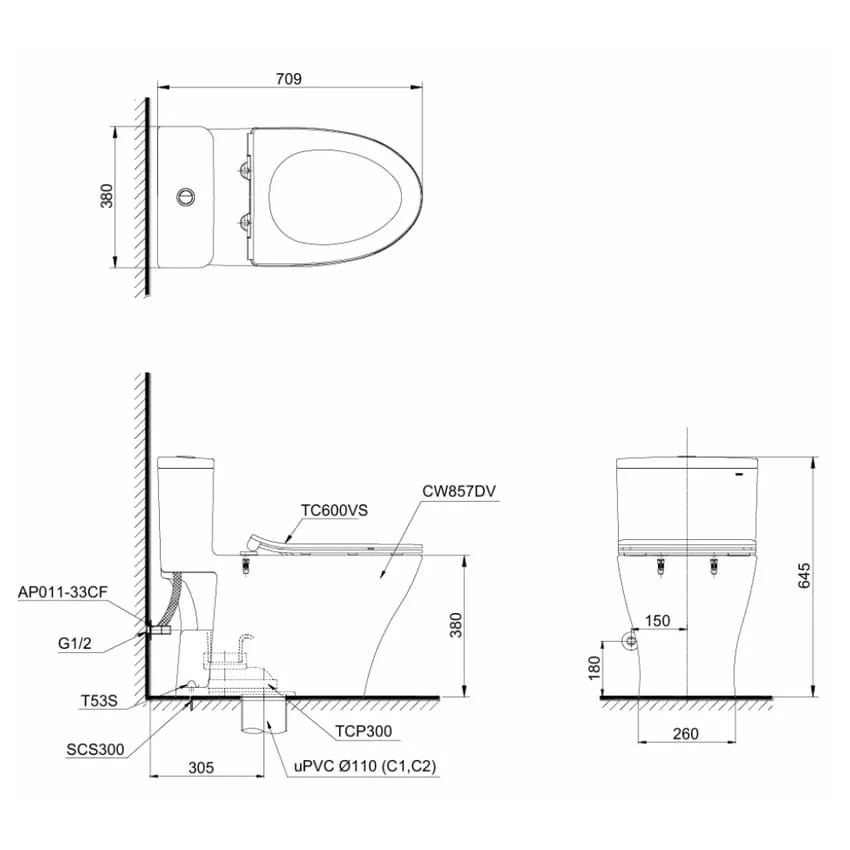 Bồn cầu 1 khối TOTO MS857DE4 SKU: MS857DE4#XW Bồn cầu 1 khối TOTO MS857DE4 nắp rửa cơ TCW1211A hình 7