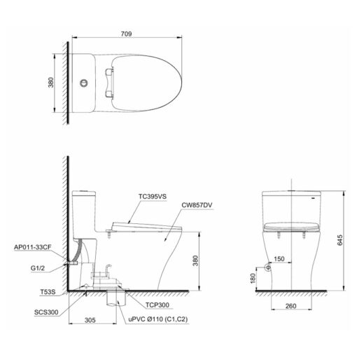 Bồn cầu 1 khối TOTO MS857DT10 nắp đóng êm TC395VS