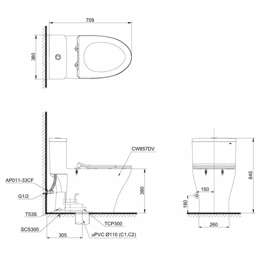 Bồn cầu TOTO MS857DT3 Nắp đóng êm TC385VS Bồn cầu TOTO MS857DT3 Nắp đóng êm