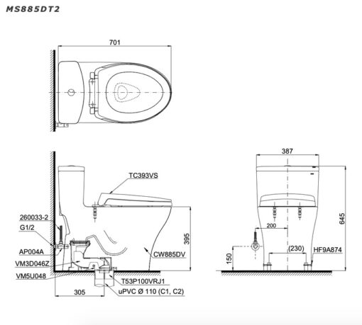 Bồn cầu 1 khối TOTO MS885DT3 nắp đóng êm TC385VS