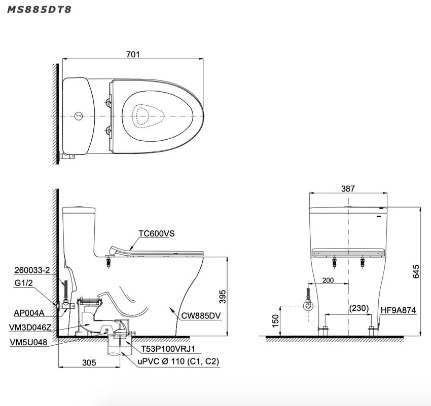 Bồn cầu 1 khối TOTO MS885DT8 nắp đóng êm TC600VS 6 Bồn cầu 1 khối TOTO MS885DT8 nắp đóng êm TC600VS