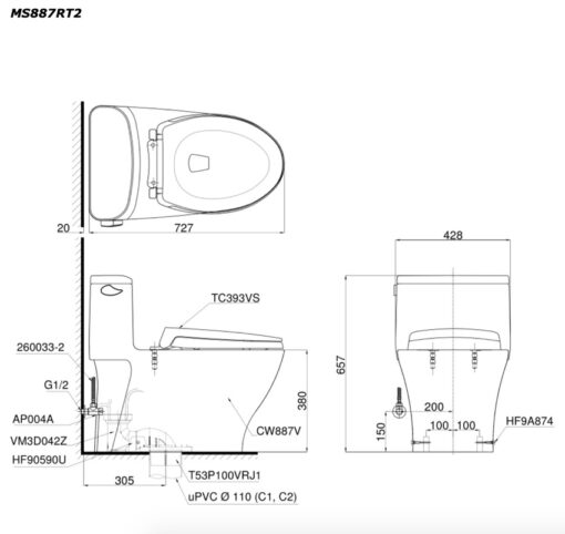 Bồn cầu 1 khối TOTO MS887RT3 nắp đóng êm TC385VS