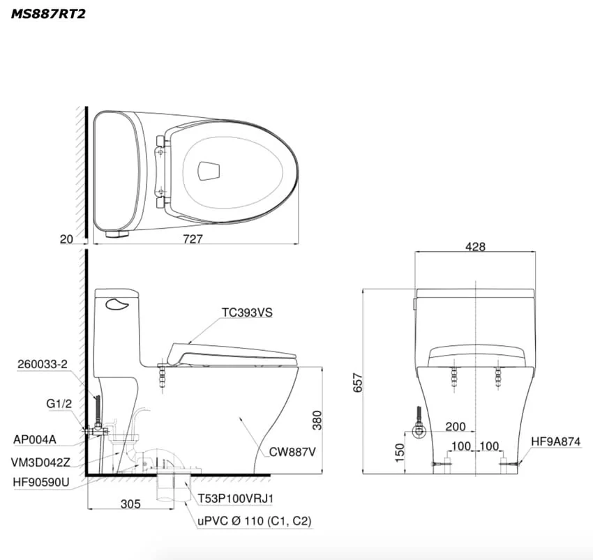 Bồn cầu 1 khối TOTO MS887RT3 Nắp đóng êm TC385VS Bồn cầu 1 khối TOTO MS887RT3 nắp đóng êm TC385VS - Khung nhìn bên