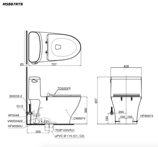 Bồn cầu 1 khối TOTO MS887RT8 nắp đóng êm TC600VS
