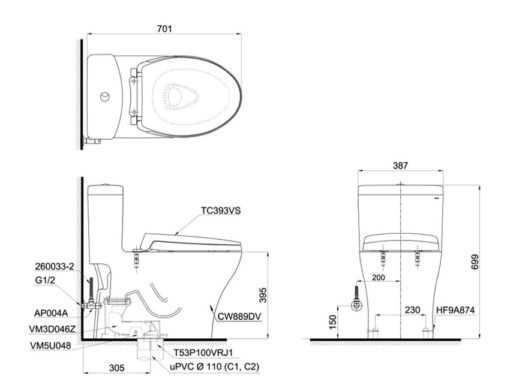 Bồn cầu 1 khối TOTO MS889DRT2 nắp đóng êm TC393VS