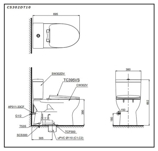 Bồn cầu 2 khối TOTO CS302DT10 nắp đóng êm TC395VS