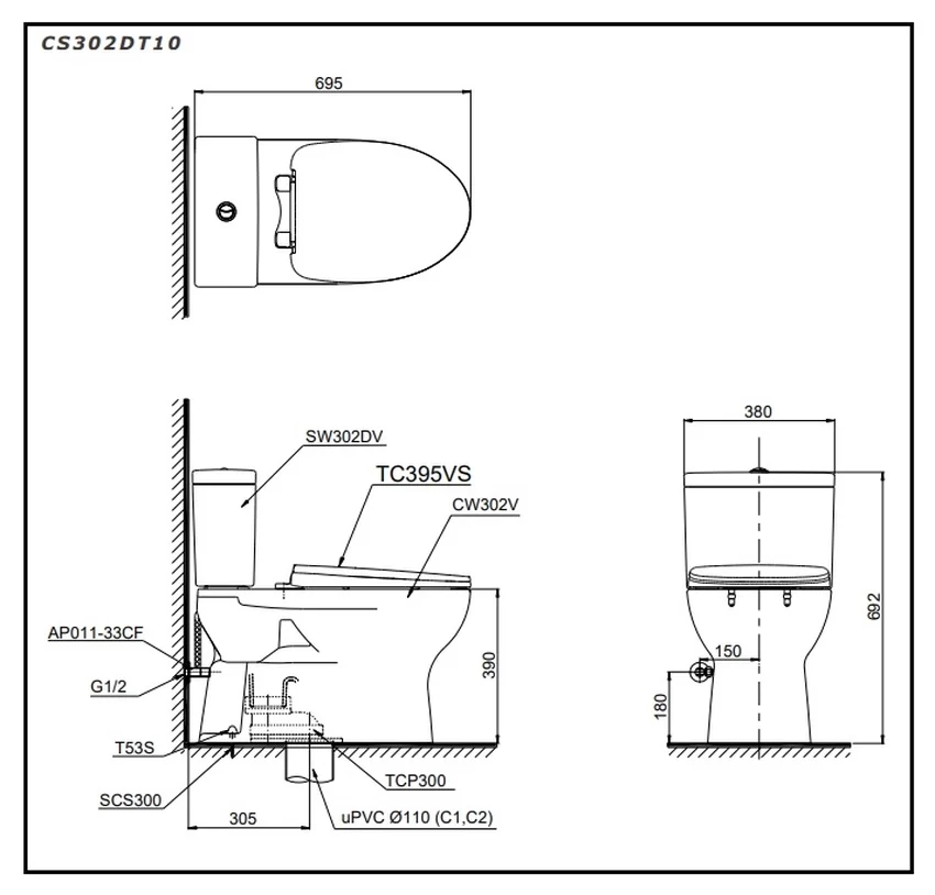 Bồn cầu 2 khối TOTO CS302DT10 nắp đóng êm TC395VS 12 Bồn cầu 2 khối TOTO CS302DT10 nắp đóng êm TC395VS