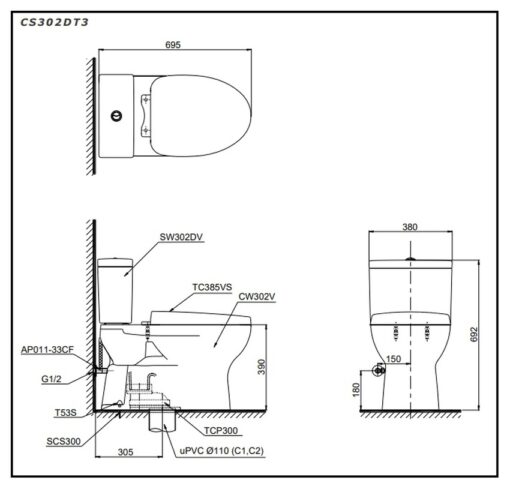 Bồn cầu 2 khối TOTO CS302DT3 nắp đóng êm TC385VS