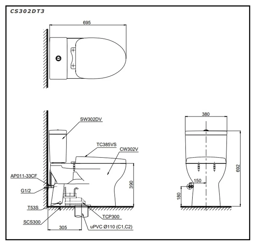 Bồn cầu 2 khối TOTO CS302DT3 nắp đóng êm TC385VS 12 Bồn cầu 2 khối TOTO CS302DT3 nắp đóng êm TC385VS