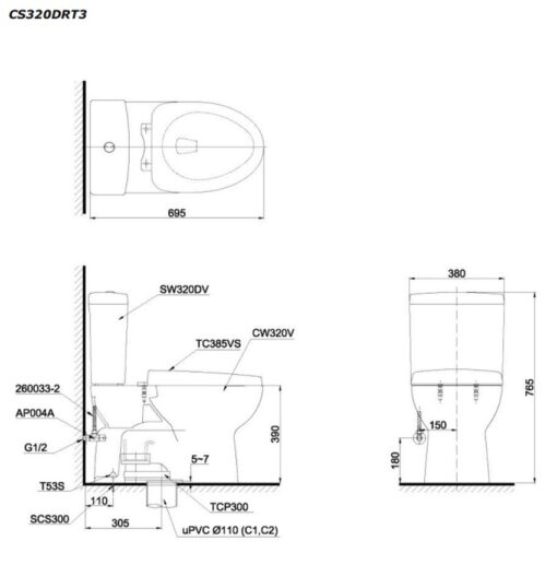 Bồn cầu 2 khối TOTO CS320DRT3 nắp đóng êm TC385VS