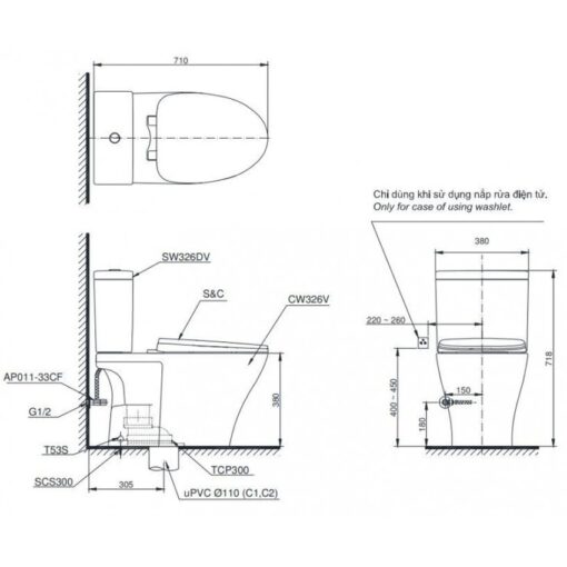 Bồn cầu 2 khối TOTO CS326DT10 nắp đóng êm TC395VS