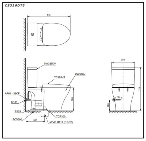 Bồn cầu 2 khối TOTO CS326DT3 nắp đóng êm TC385VS