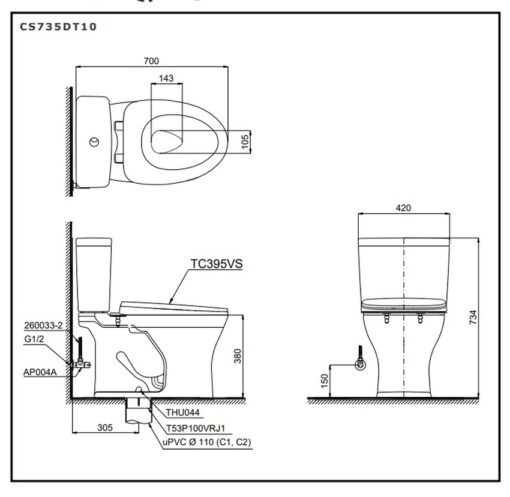 Bồn cầu 2 khối TOTO CS735DT10 nắp đóng êm TC395VS