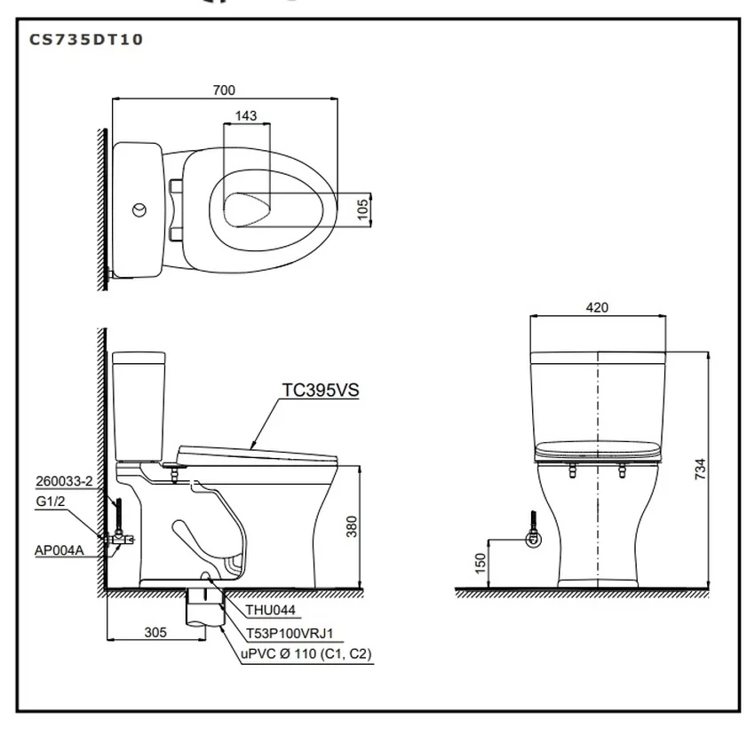 Nắp TC395VS bồn cầu TOTO CS735DT10 Chi tiết nắp đóng êm TC395VS của bồn cầu TOTO CS735DT10