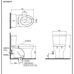 Bồn cầu 2 khối TOTO CS735DT3 nắp đóng êm TC385VS