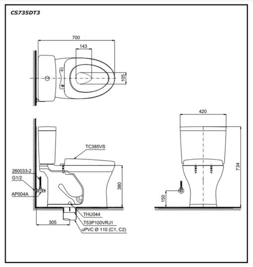 Bồn cầu 2 khối TOTO CS735DT3 nắp đóng êm TC385VS