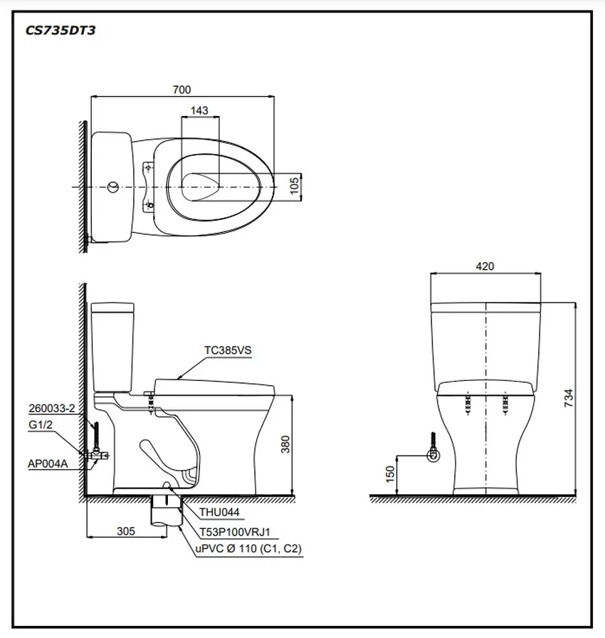 Bồn cầu 2 khối TOTO CS735DT3 nắp đóng êm TC385VS 7 Thiết kế hiện đại của Bồn cầu 2 khối TOTO CS735DT3 nắp đóng êm TC385VS