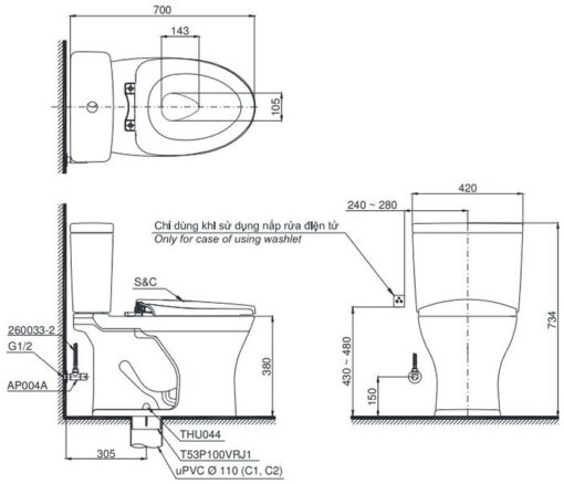 Bồn cầu 2 khối TOTO CS735DT8 nắp đóng êm TC600VS