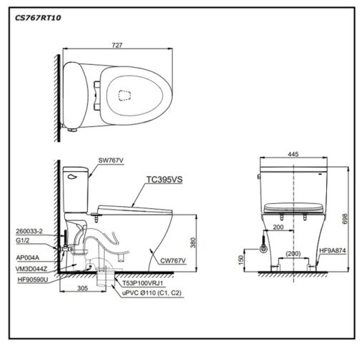Bồn cầu 2 khối TOTO CS767RT10 nắp đóng êm TC395VS