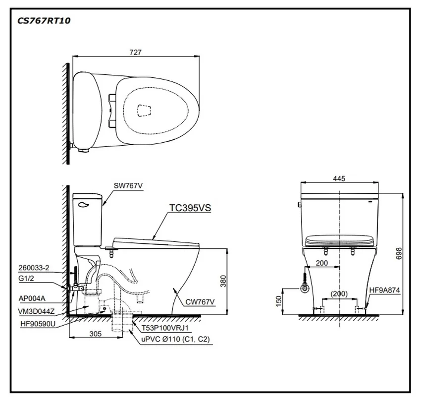 Thiết kế TOTO CS767RT10 Thiết kế hiện đại Bồn cầu TOTO CS767RT10
