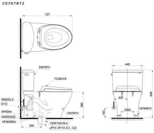 Bồn cầu 2 khối TOTO CS767RT2 nắp đóng êm TC393VS