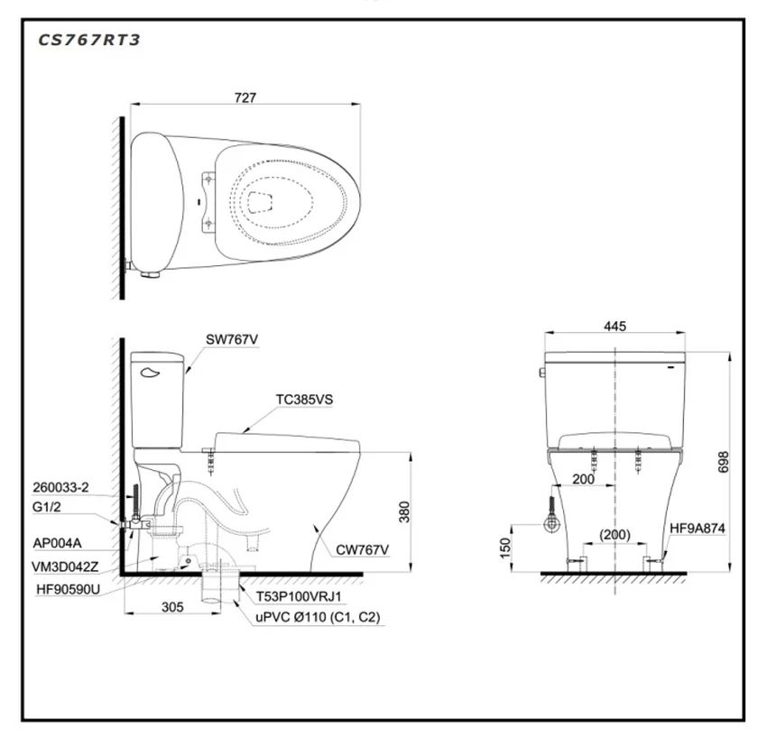 Bồn cầu 2 khối TOTO CS767RT3 nắp đóng êm TC385VS Bồn cầu 2 khối TOTO CS767RT3 nắp đóng êm TC385VS - Hình 2
