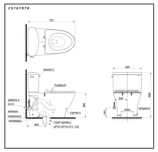 Bồn cầu 2 khối TOTO CS767RT8 nắp đóng êm TC600VS