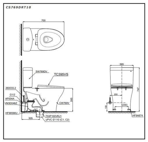 Bồn cầu 2 khối TOTO CS769DRT10 nắp đóng êm TC395VS