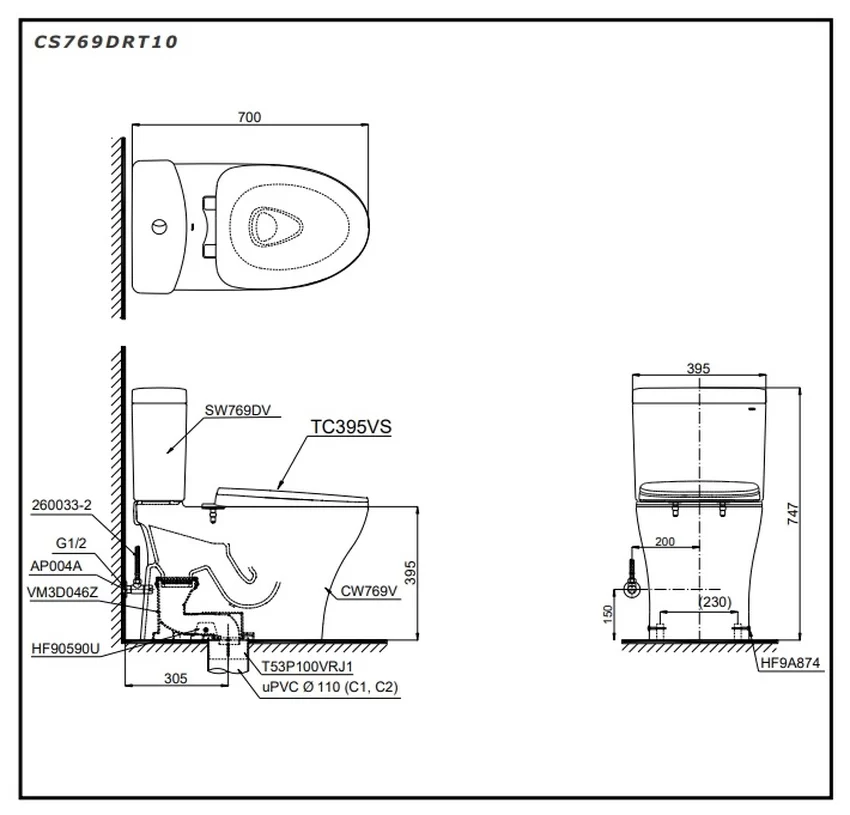 Bồn cầu 2 khối TOTO CS769DRT10 nắp đóng êm TC395VS 10 Bồn cầu 2 khối TOTO CS769DRT10 nắp đóng êm TC395VS
