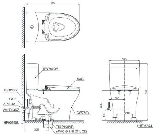 Bồn cầu 2 khối TOTO CS769DRT2 nắp đóng êm TC393VS