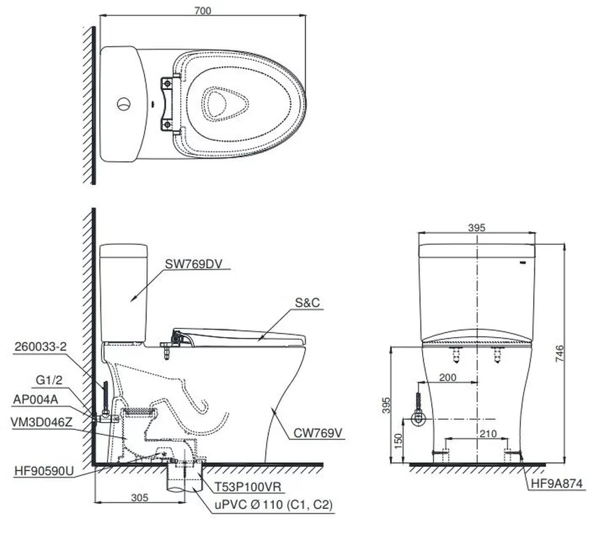 Bồn cầu 2 khối TOTO CS769DRT2 Bồn cầu 2 khối TOTO CS769DRT2 từ góc nhìn bên hông