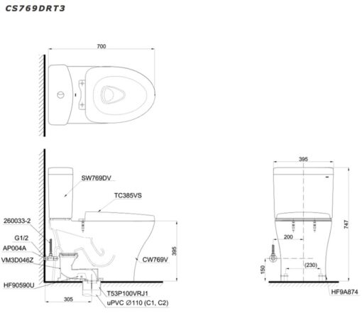 Bồn cầu 2 khối TOTO CS769DRT3 nắp đóng êm TC385VS
