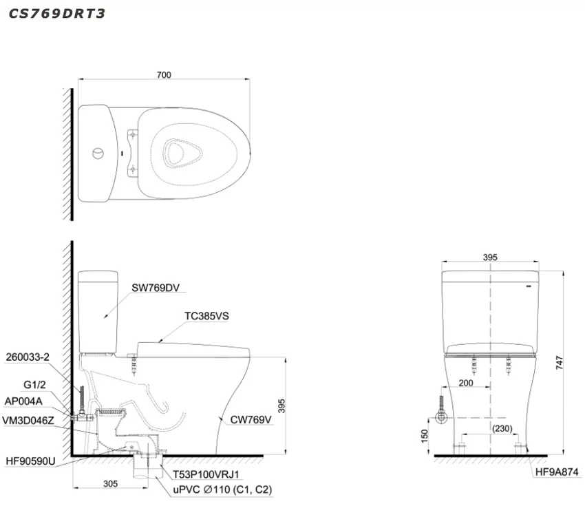 Bồn cầu 2 khối TOTO CS769DRT3 nắp đóng êm TC385VS 10 Bồn cầu 2 khối TOTO CS769DRT3 nắp đóng êm TC385VS