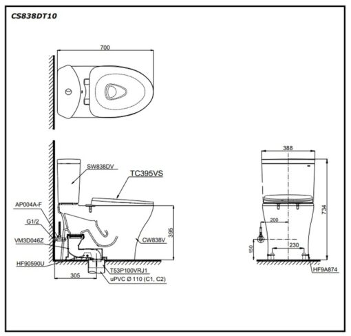Bồn cầu 2 khối TOTO CS838DT10 nắp đóng êm TC395VS