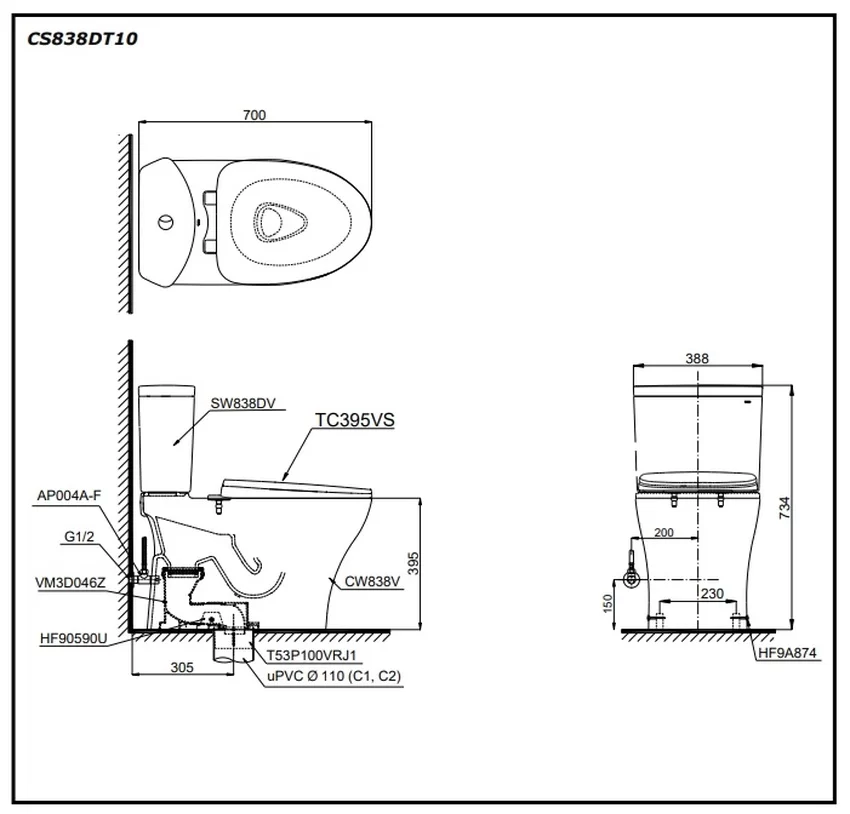 Bồn cầu 2 khối TOTO CS838DT10 với nắp đóng êm TC395VS Thiết kế hiện đại và tiện nghi của Bồn cầu 2 khối TOTO