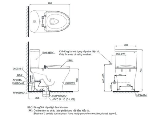 Bồn cầu 2 khối TOTO CS838DT2 nắp đóng êm TC393VS