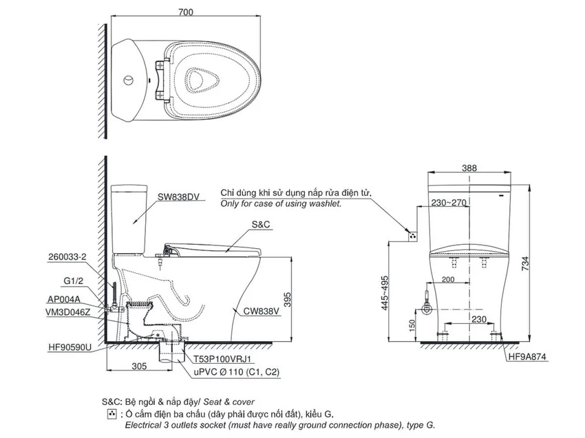 Bồn cầu 2 khối TOTO CS838DT2 nắp đóng êm TC393VS Bồn cầu 2 khối TOTO CS838DT2