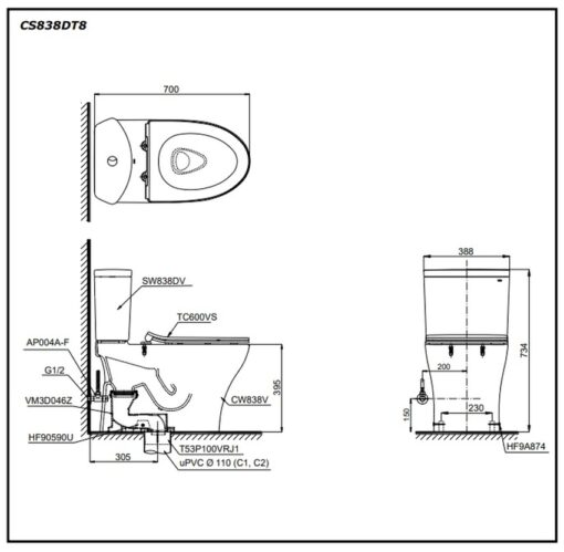 Bồn cầu 2 khối TOTO CS838DT8 nắp đóng êm TC600VS
