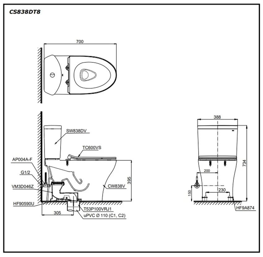 Bồn cầu 2 khối TOTO CS838DT8 nắp đóng êm TC600VS 7 Thiết kế sang trọng của TOTO CS838DT8